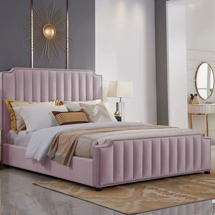Klara Plush Velvet Fabric Bed, Pink Colour - 5 Sizes