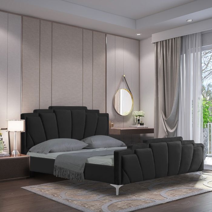 Lanna Plush Velvet Fabric Bed, Black Colour - 5 Sizes