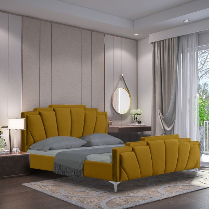 Lanna Plush Velvet Fabric Bed, Mustard Colour - 5 Sizes