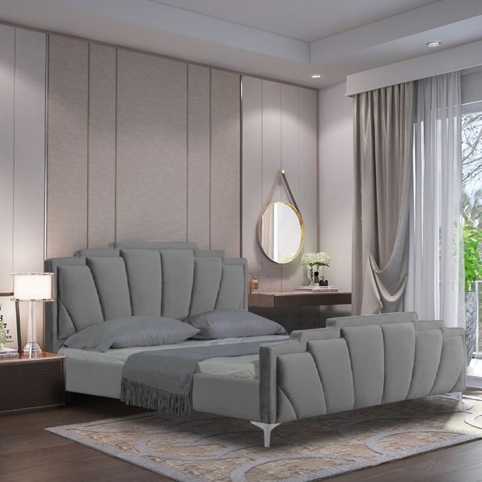 Lanna Plush Velvet Fabric Bed, Grey Colour - 5 Sizes