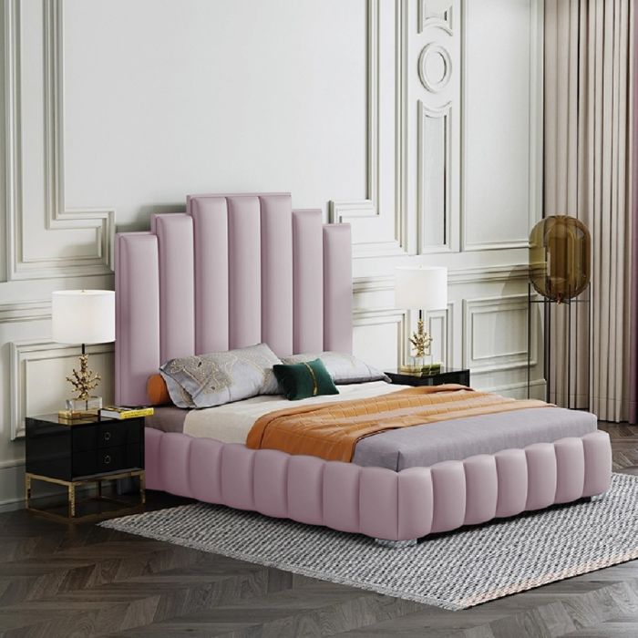 Leisa Plush Velvet Fabric Bed, Pink Colour - 5 Sizes