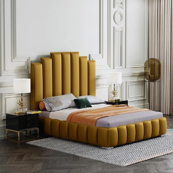 Leisa Plush Velvet Fabric Bed, Mustard Colour - 5 Sizes