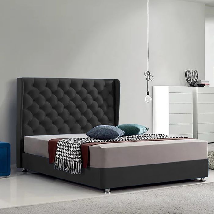 Ondra Plush Velvet Fabric Bed, Black Colour - 5 Sizes