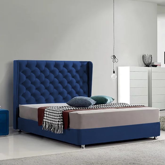 Ondra Plush Velvet Fabric Bed, Blue Colour - 5 Sizes