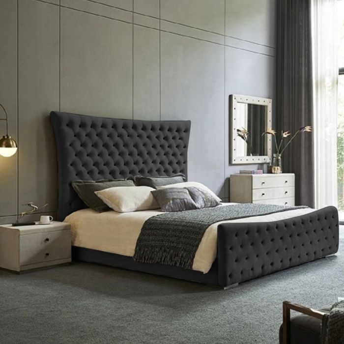 Plexa Plush Velvet Fabric Bed, Black Colour - 5 Sizes