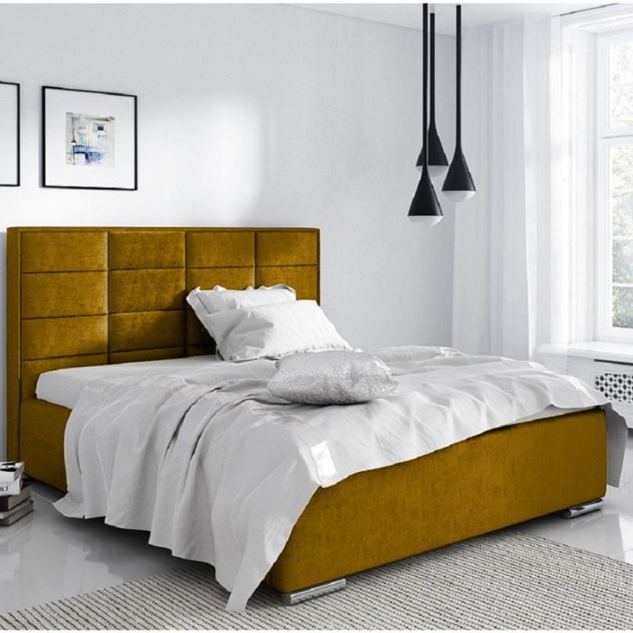 Bulia Plush Velvet Fabric Bed, Mustard Colour - 5 Sizes