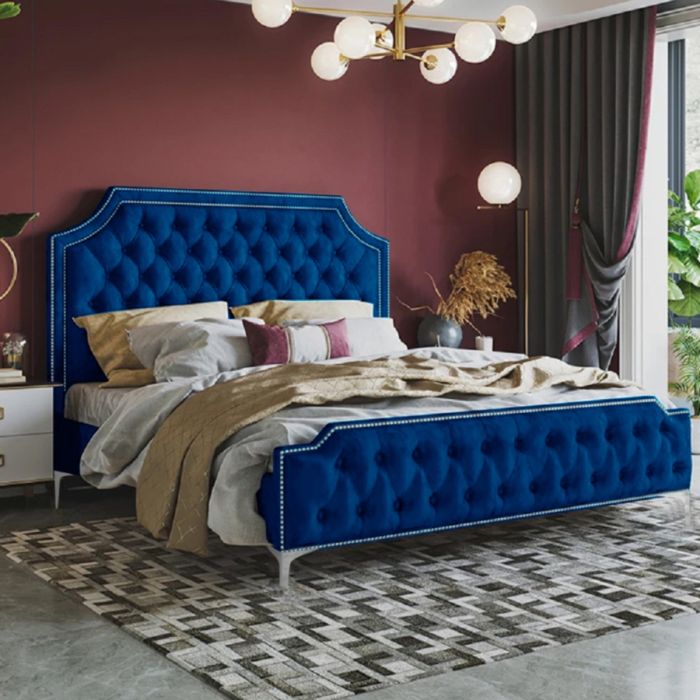 Gaia Plush Velvet Fabric Bed, Blue Colour - 5 Sizes