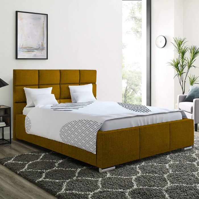 Gerali Plush Velvet Fabric Bed, Mustard Colour - 5 Sizes