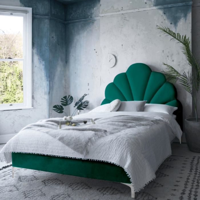Hendo Plush Velvet Fabric Bed, Green Colour - 5 Sizes