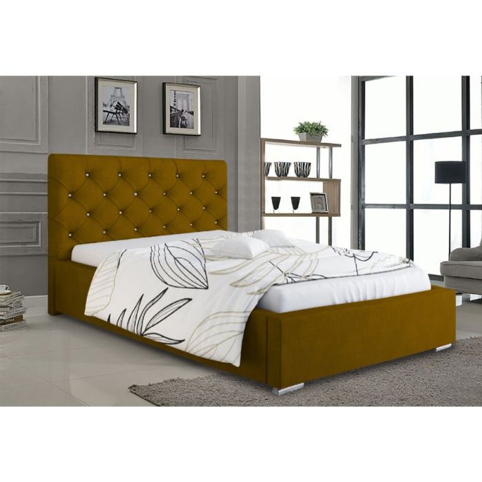 Hillary Plush Velvet Fabric Bed, Mustard Colour - 5 Sizes