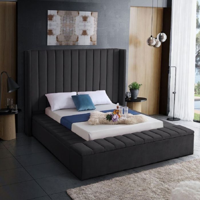 Kensington Plush Velvet Fabric Bed, Black Colour - 5 Sizes