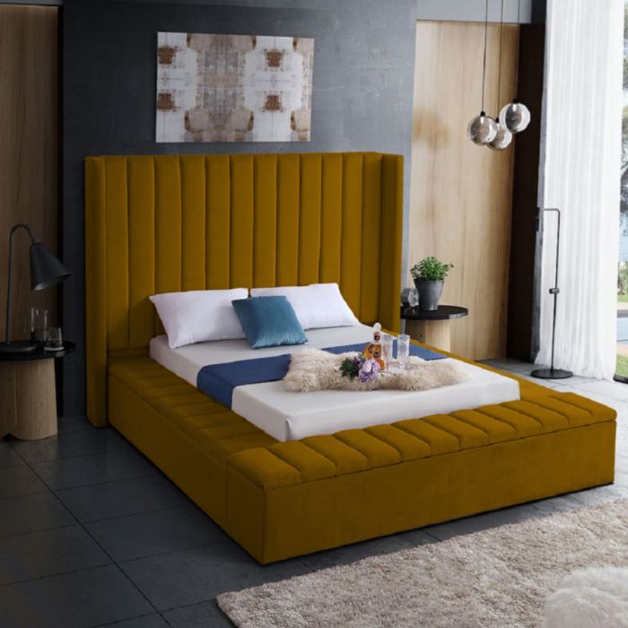 Kensington Plush Velvet Fabric Bed, Mustard Colour - 5 Sizes