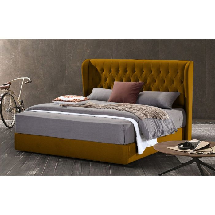 Mariappa Plush Velvet Fabric Bed, Mustard Colour - 5 Sizes