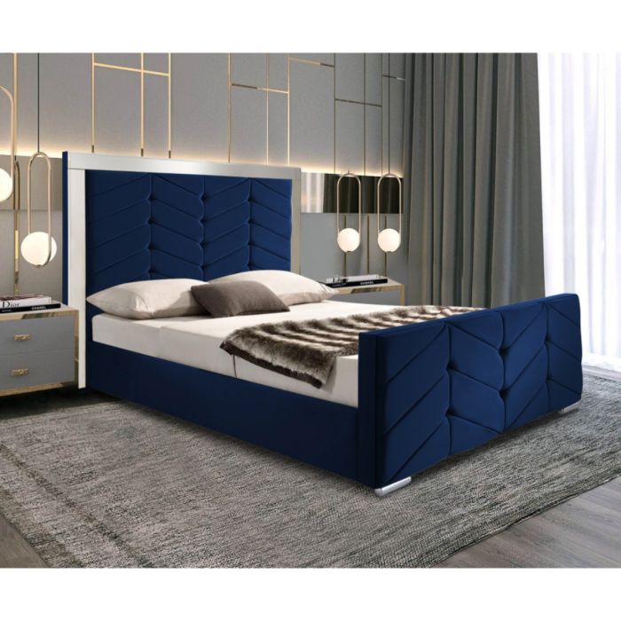 Marisa Plush Velvet Fabric Bed, Blue Colour - 5 Sizes