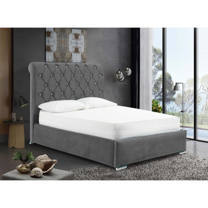 Meripa Plush Velvet Fabric Bed, Grey Colour - 5 Sizes