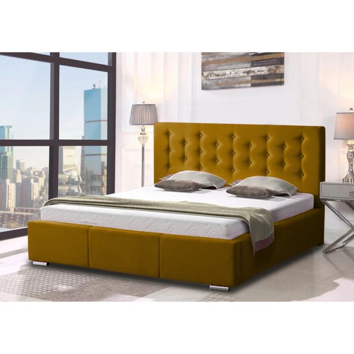 Pinia Plush Velvet Fabric Bed, Mustard Colour - 5 Sizes