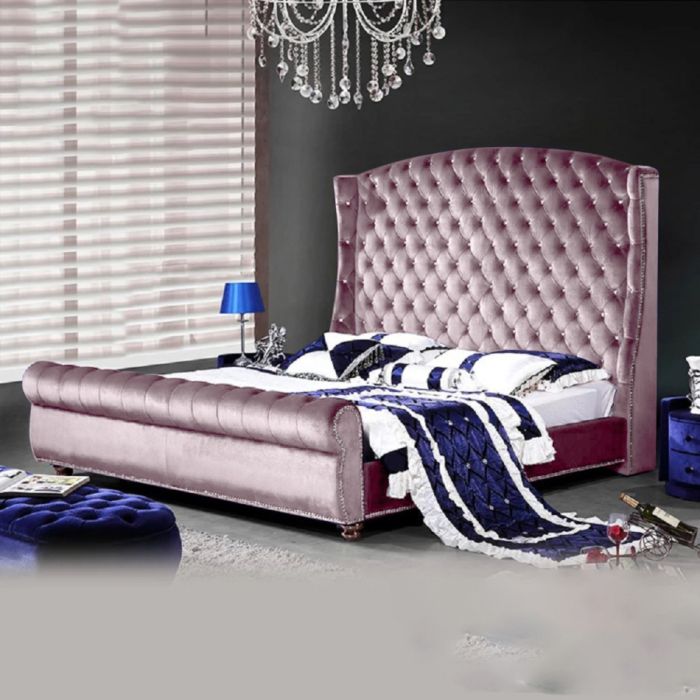 Rosio Plush Velvet Fabric Bed, Pink Colour - 5 Sizes