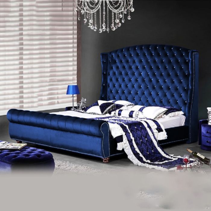 Rosio Plush Velvet Fabric Bed, Blue Colour - 5 Sizes
