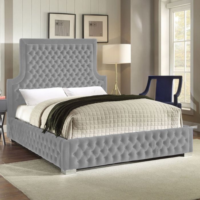 Yanis Plush Velvet Fabric Bed, Silver Colour - 5 Sizes