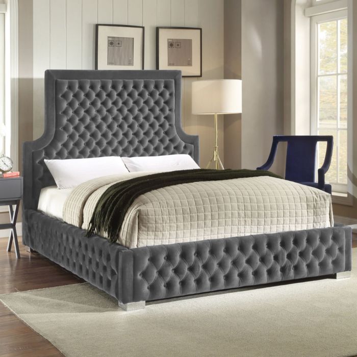 Yanis Plush Velvet Fabric Bed, Grey Colour - 5 Sizes