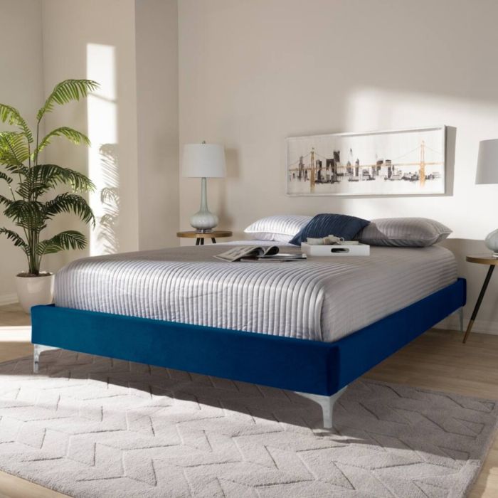 Americo Plush Velvet Fabric Bed, Blue Colour - 5 Sizes