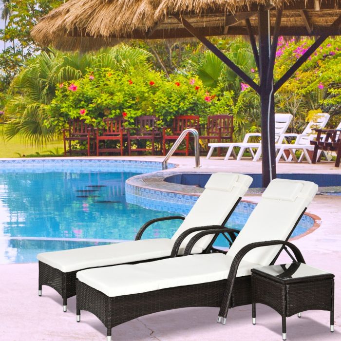 Rattan Wicker Sun Lounger With Middle Table - Brown