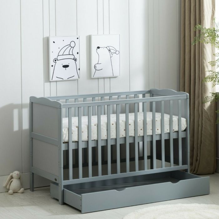 Solid Pine Wooden Baby Cot Bed With Drawer and Mattress - Grey
