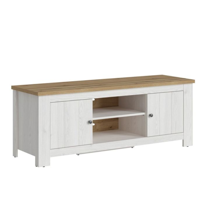 2 Door TV Unit with Open Shelf - White and Oak