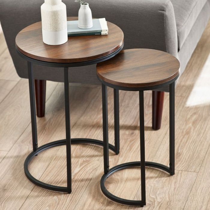 Tribeca Black Metal Frame Round Nesting Side Tables - Walnut