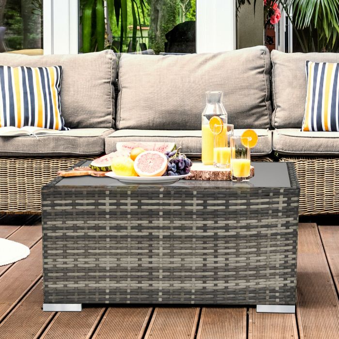 Rattan Wicker Garden Table With Glass Top - Dark Grey