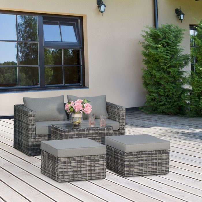 5 Piece Rattan Wicker Garden Table Chair Set With Stool - Grey