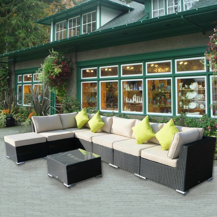 8PCs Rattan Wicker Garden Corner Sofa Set With Table and Footstool - Black
