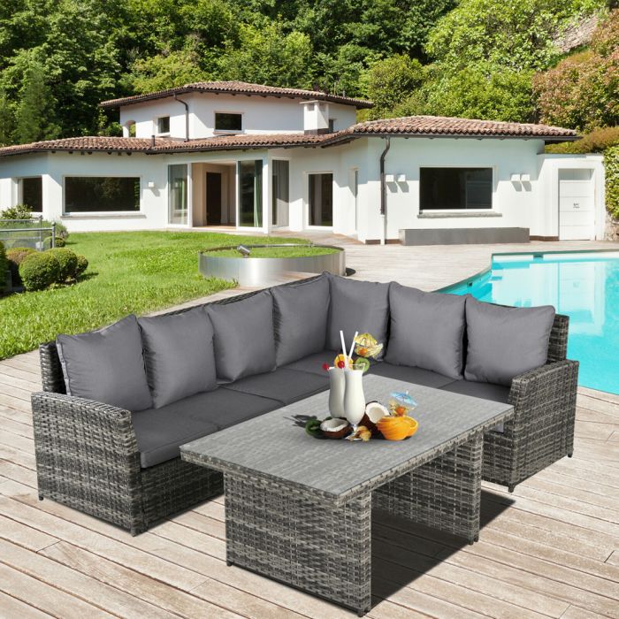 PCS Rattan All Weather Corner Sofa Set With Table Grey