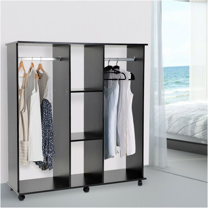 Movable Double Open Wardrobe With 2 Hanging Rails And 3 Tier Cubes Storage - Black