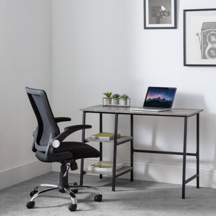 Staten Black Metal Frame Computer Table With Shelves- Concrete