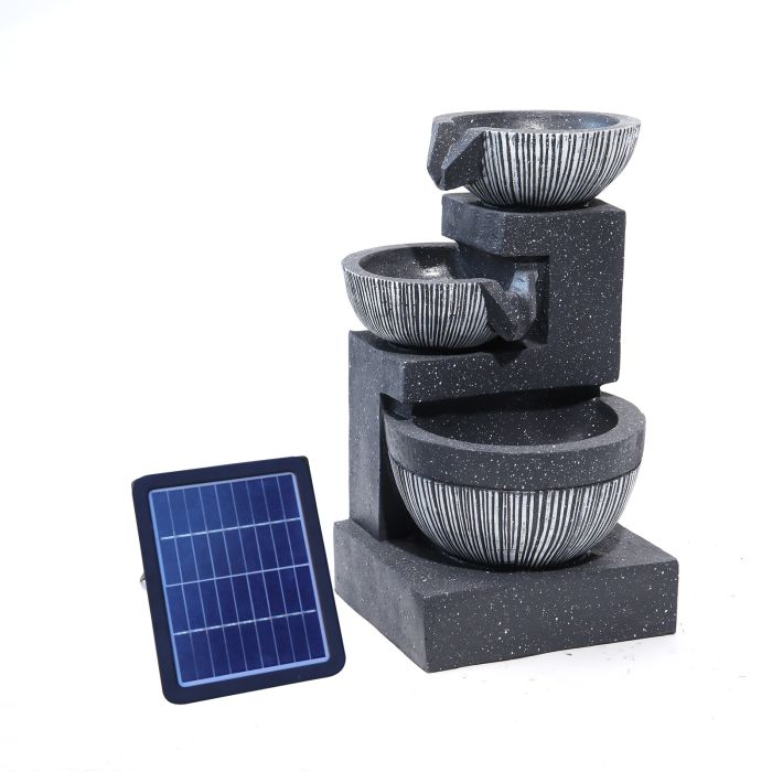 Outdoor Water Fountain Rockery Decoration 3 Tier Bowls Solar Powered, Black