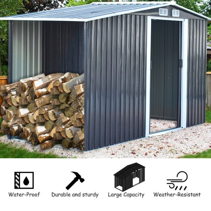 Garden Metal Storage Shed with Log Storage