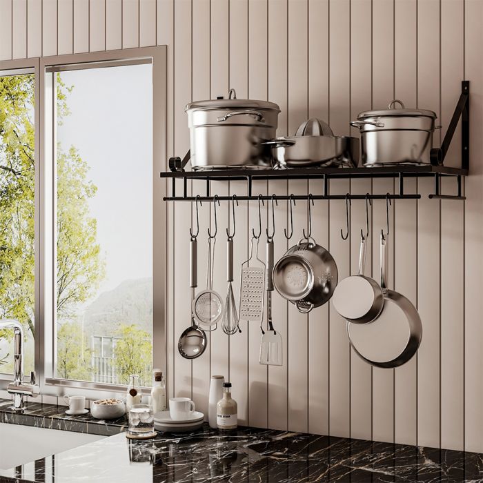 Wall Mounted Kitchen Metal Shelves Hanging Pot Rack with 10 Hooks 60X24CM