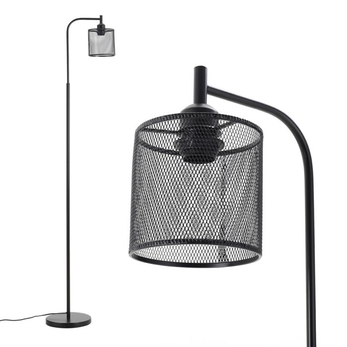 Industrial Metal Floor Light with Mesh Lampshade, Black