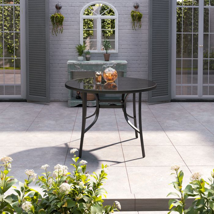 Metallic and Tempered Glass Garden Table with Parasol Hole Outdoor