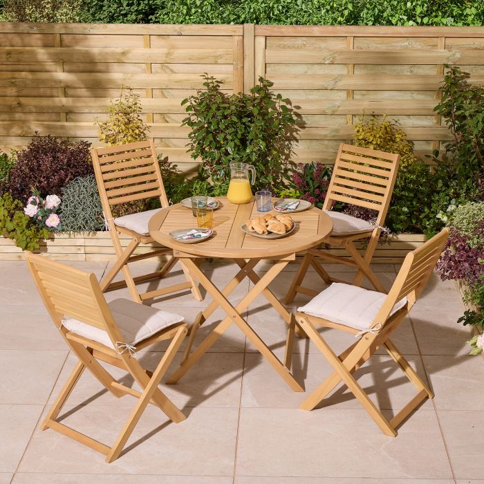 OXRYN Garden 4 Seater Round Table and Chair Set - Oak Finish
