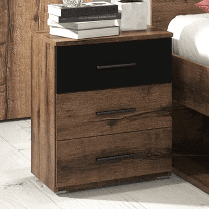 Bedside Table - EPHEMERAL 3 Drawer Nightstand Black and Oak Monastery 46cm