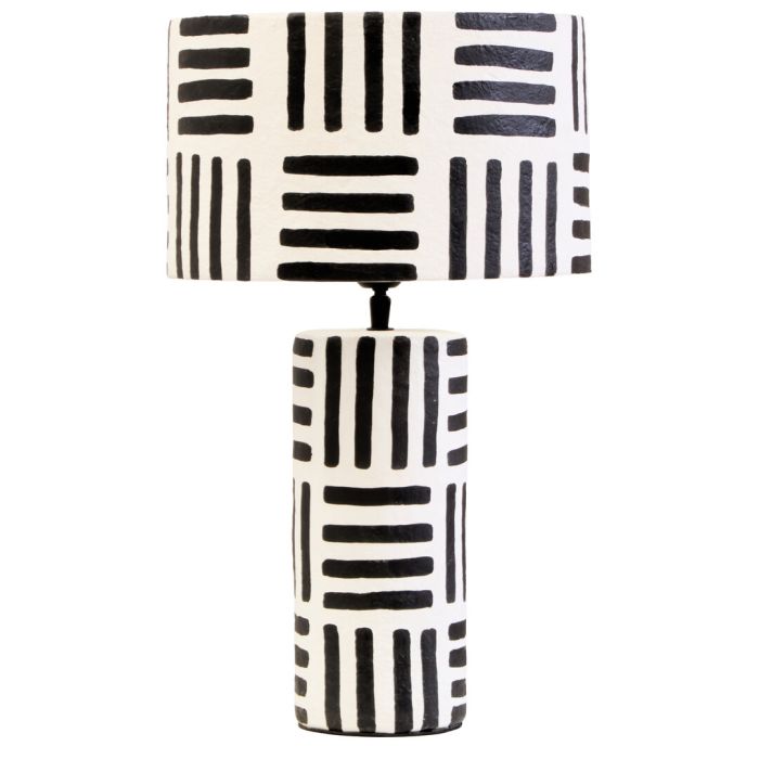 KELMORA Papier Mache Table Lamp with Geometric Lines - Black and White
