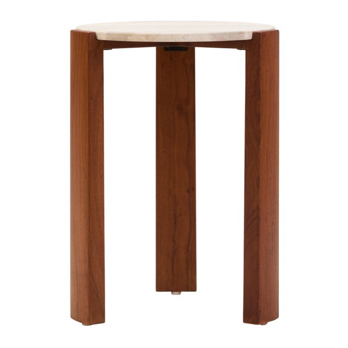 ZERVORA Round Marble Top Wooden Side Table - Dark Oak and Cream