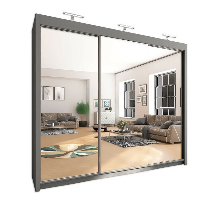 Full Mirrored Large Grey Sliding Wardrobe 250cm