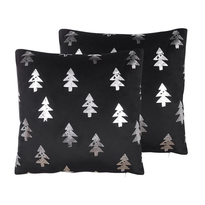 Velvet Cheer Set of 2 Cushions Christmas Tree Pattern 45 x 45 cm - Black