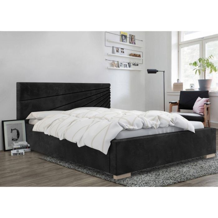 Fenna Plush Velvet Fabric Bed, Black Colour - 5 Sizes