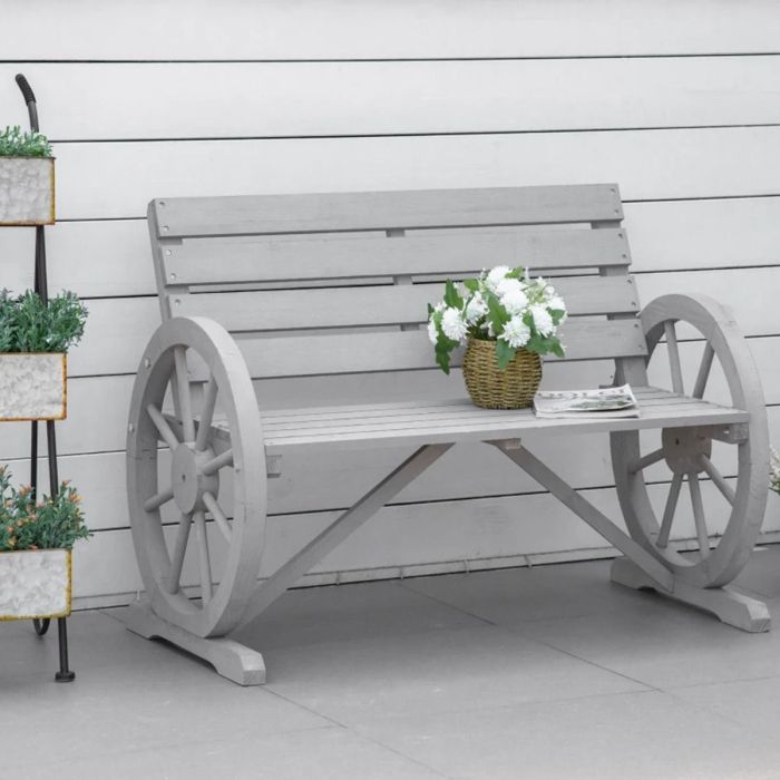 2 Seater Wooden Cart Wagon Wheel Garden Bench Rustic High Back - Grey