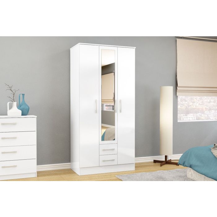 Lynx 3 Door 2 Drawer Mirrored Wardrobe - White