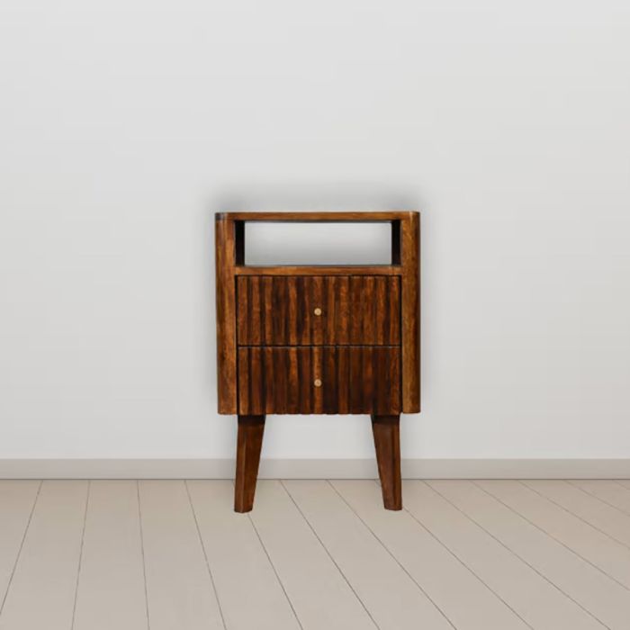 Retro Style Ridged Design 2 Drawers Bedside Table with Open Slot - Chestnut